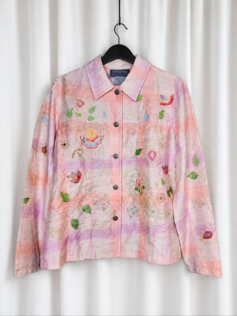 Vintage Indigo Moon Floral Embellished Pink Lavender Pastel Button Front Jacket